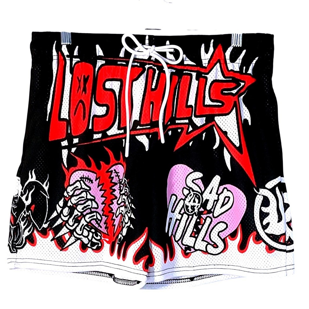 Lost Hills Sad Boys Mesh Shorts Mens L Black Skeleton Hand Flame Graffiti Rare